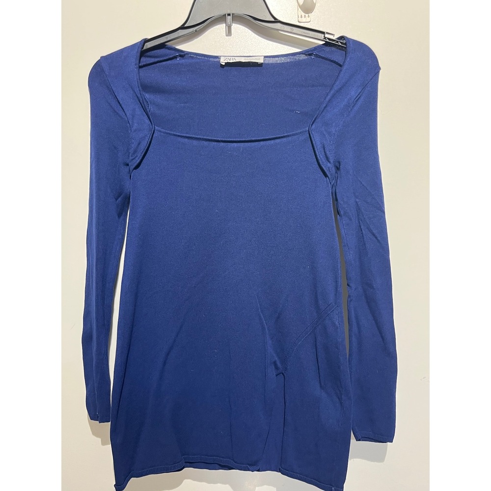 Zara Womens Royal Blue Square Neck Long Sleeve Layered Knit Top Size S